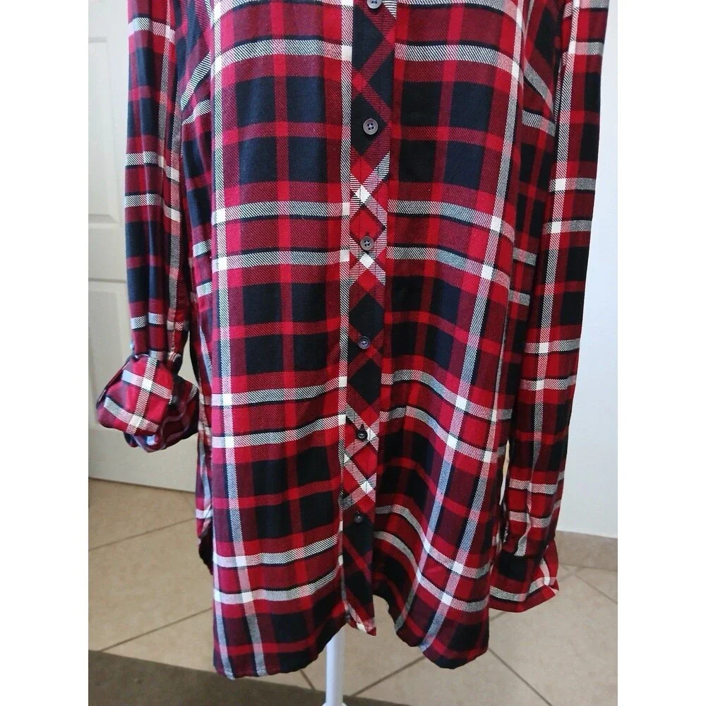 Talbots Women's L Red Plaid Polka Dot Long Roll Tab Sleeve Button Down Shirt Top